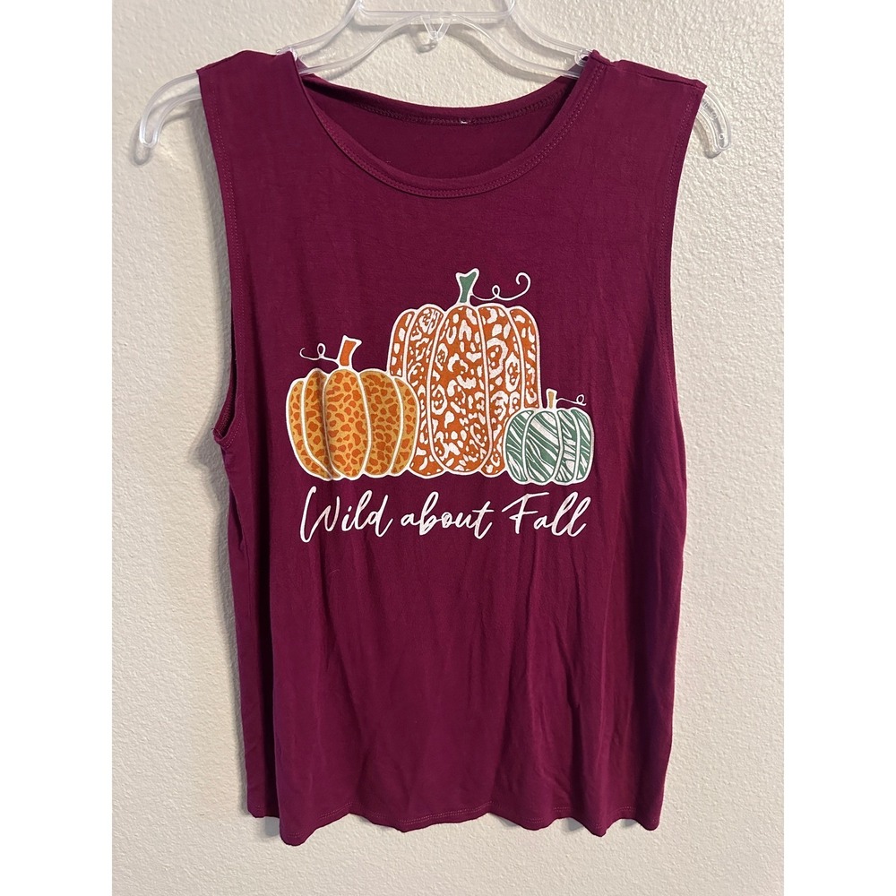 Fall Pumpkin Graphic Tank Top Sleeveless Casual Burgundy Top Size Unknown